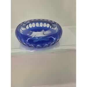 Vintage Blue Cut to Clear Glass Ashtray 5" Floral Design Crystal Style